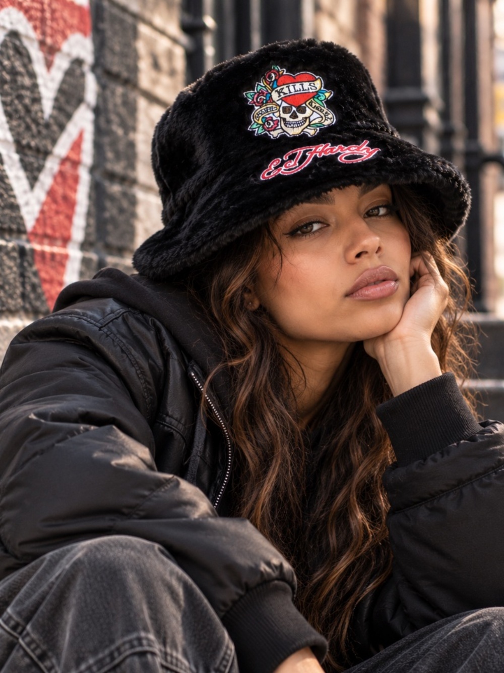 Ed Hardy Y2K Faux Fur Bucket Hat Black Skull Heart Embroidered Streetwear NWT